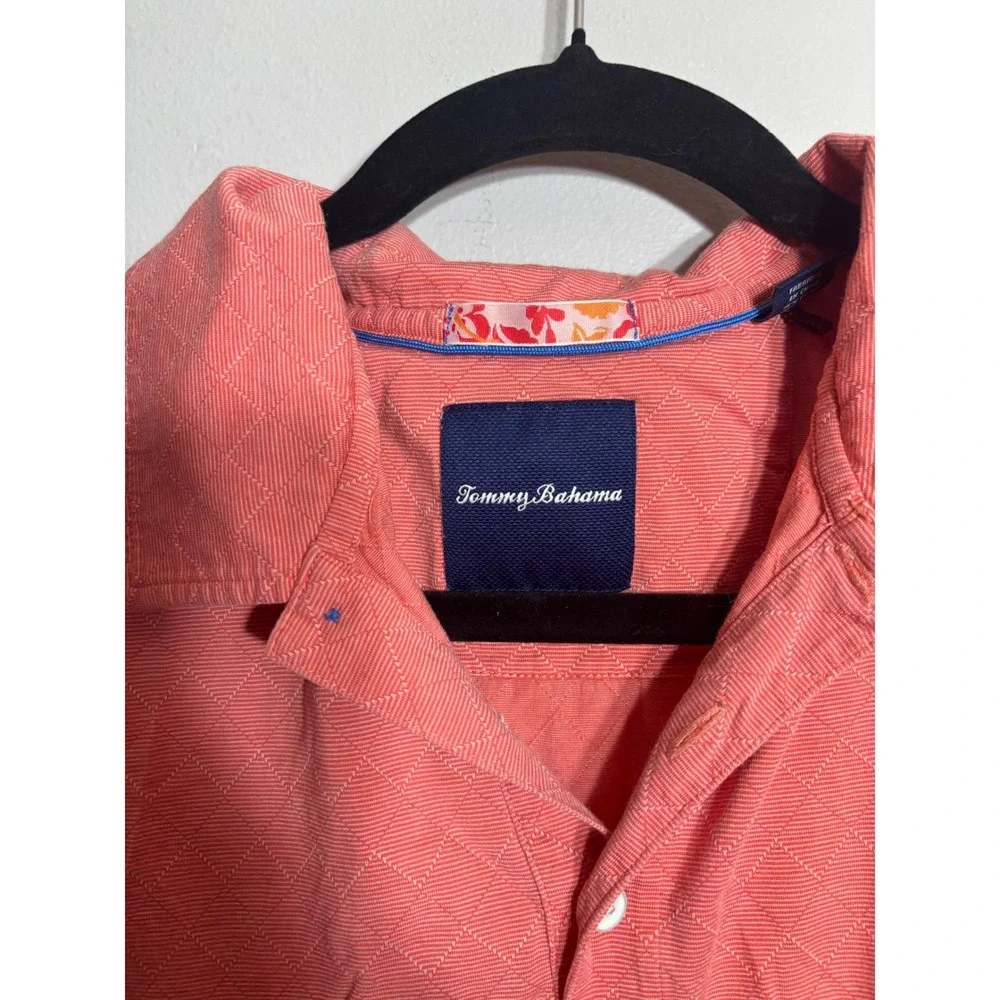 Tommy Bahama Mens XL Coral Pink Diamond Jacquard‎ Cotton Silk Polo Shirt